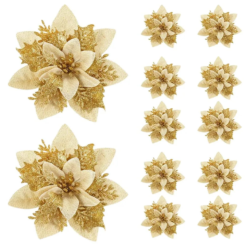 5/10 Glitter Christmas Flower Ornaments – 14.5cm Artificial Poinsettia Decorations in Pink, Red & Gold for Tree & Home (2025 Edition)
