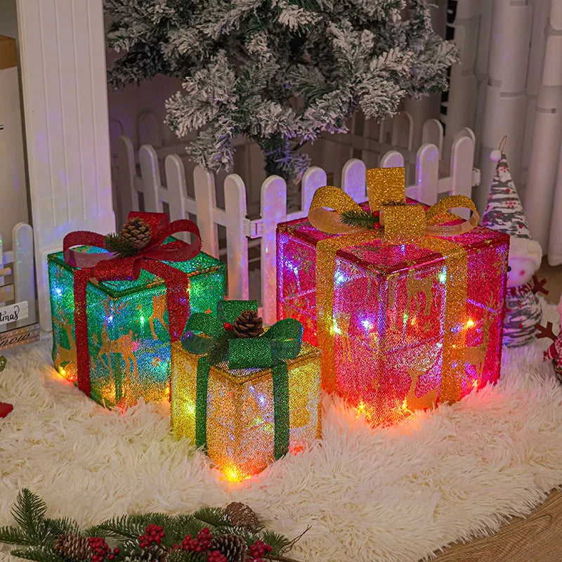 3-Piece Light-Up Christmas Gift Box Set – LED Bow Decorations with Remote Control for Tree, Party & Outdoor Display (2025 Edition)