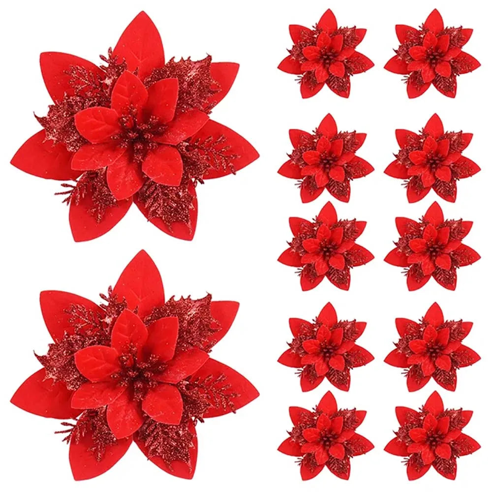 5/10 Glitter Christmas Flower Ornaments – 14.5cm Artificial Poinsettia Decorations in Pink, Red & Gold for Tree & Home (2025 Edition)
