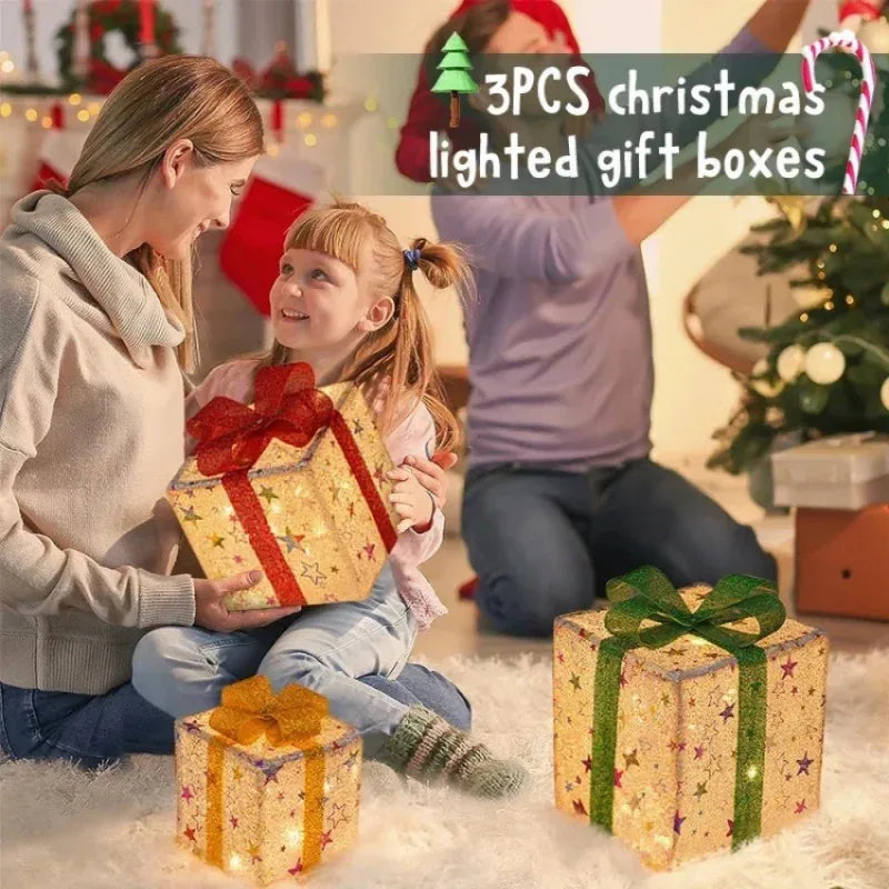 3-Piece Light-Up Christmas Gift Box Set – LED Bow Decorations with Remote Control for Tree, Party & Outdoor Display (2025 Edition)