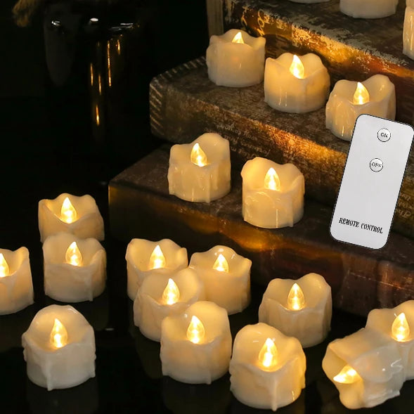 Drip Wax LED Tea Light Candles – Flameless 12/24-Pack with Remote & Auto Timer for Christmas, Halloween & Home Décor (2025 Edition)