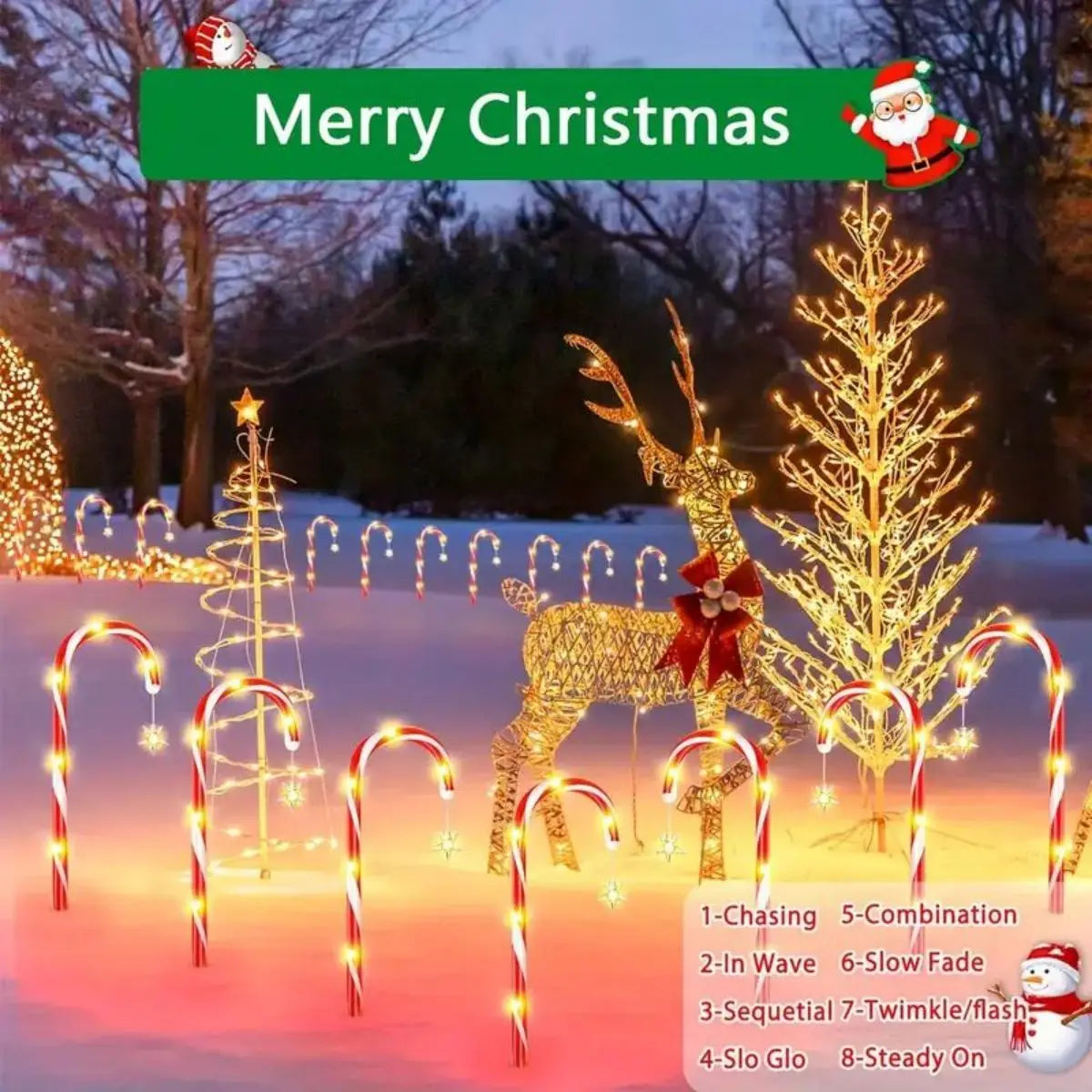 8pcs Solar Candy Cane Garden Lights – Waterproof LED Holiday Pathway Lights with 8 Functions for Christmas & New Year Décor (2025 Edition)