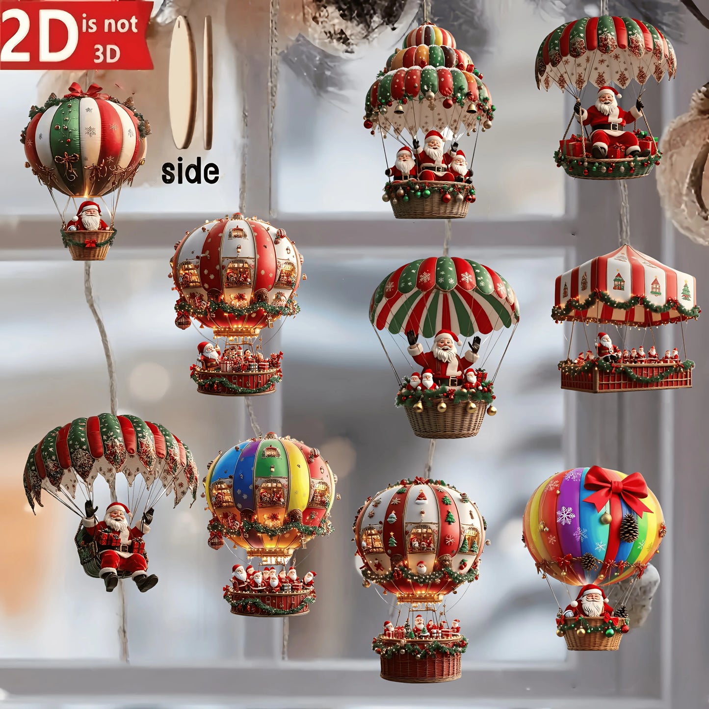 10 Wooden Hot Air Balloon Santa Ornaments – Flat Christmas Tree Pendants for Festive Home Décor & Gifting (2025 Edition)