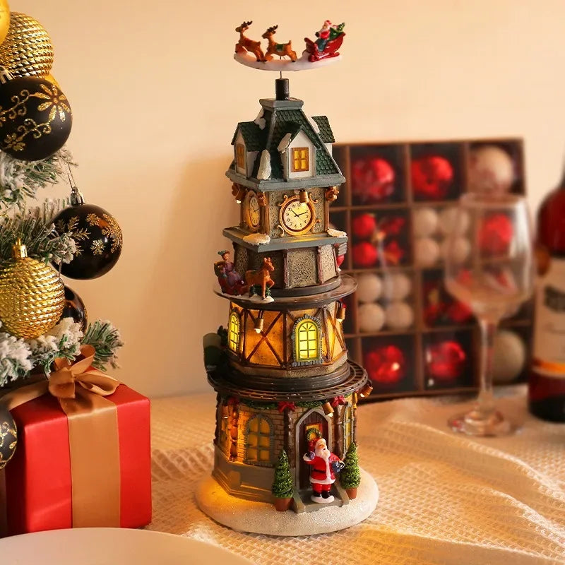 Christmas Tree Music Box Ornament – LED Light-Up Resin Figurine with Rotating Train, Santa & Deer (2025 Edition)
