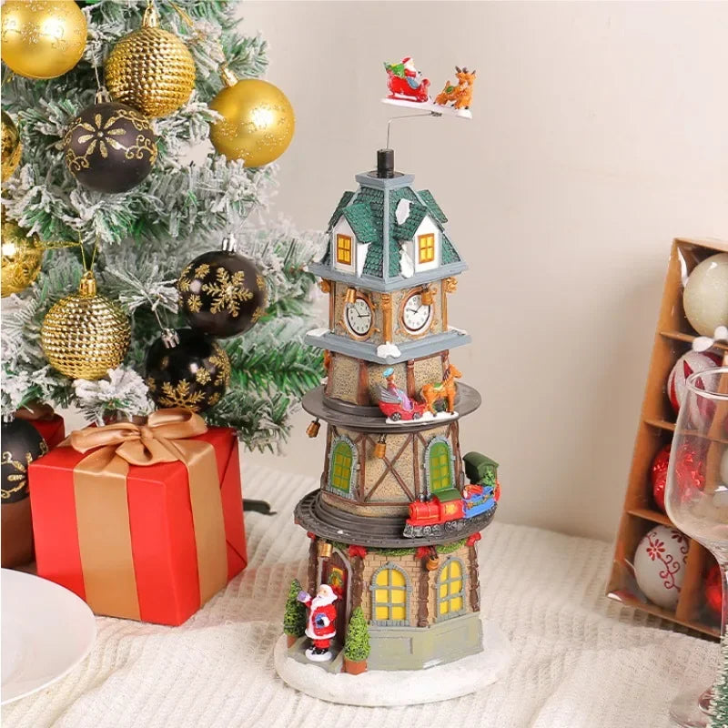 Christmas Tree Music Box Ornament – LED Light-Up Resin Figurine with Rotating Train, Santa & Deer (2025 Edition)
