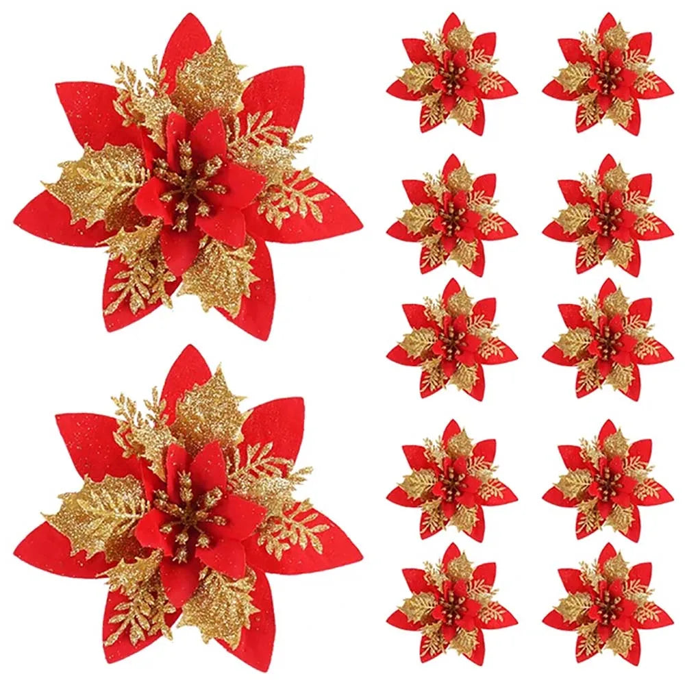 5/10 Glitter Christmas Flower Ornaments – 14.5cm Artificial Poinsettia Decorations in Pink, Red & Gold for Tree & Home (2025 Edition)
