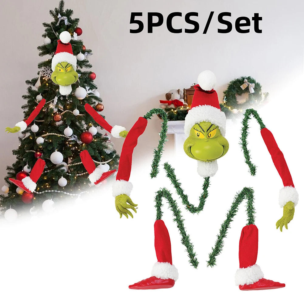 Tree Topper Set – Stuffed Grinch-Inspired Head, Arms & Legs Garland Ornaments for Christmas Tree Décor (2025 Edition)