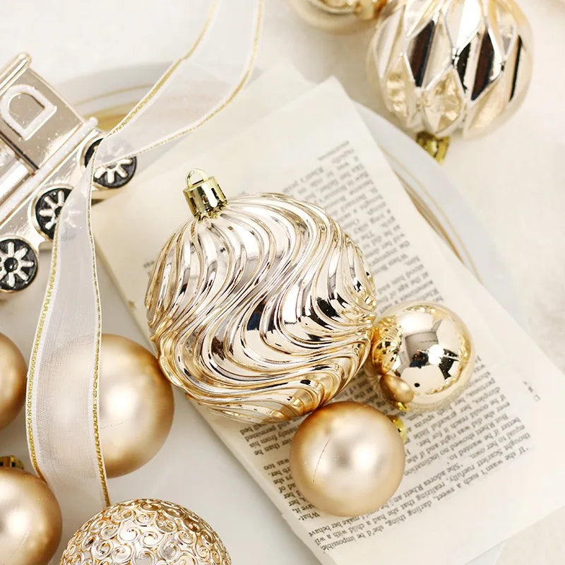 65-Piece Champagne Gold Christmas Ball Ornaments – Matte, Glossy & Textured Tree Decorations with Mixed Shapes & “Merry Christmas” Accents (2025 Edition)