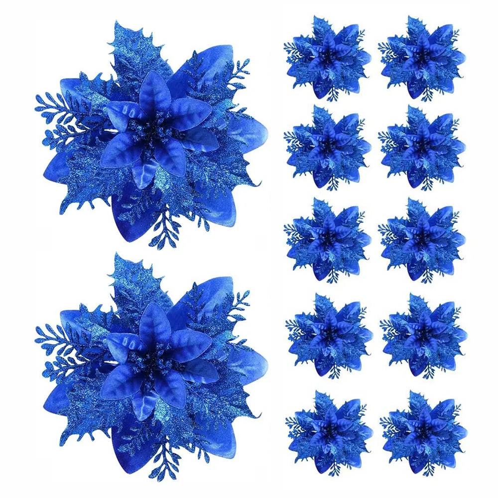 5/10 Glitter Christmas Flower Ornaments – 14.5cm Artificial Poinsettia Decorations in Pink, Red & Gold for Tree & Home (2025 Edition)