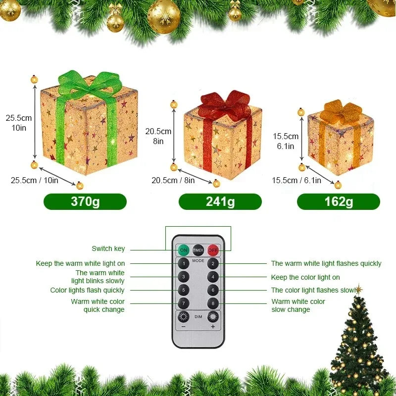 3-Piece Light-Up Christmas Gift Box Set – LED Bow Decorations with Remote Control for Tree, Party & Outdoor Display (2025 Edition)
