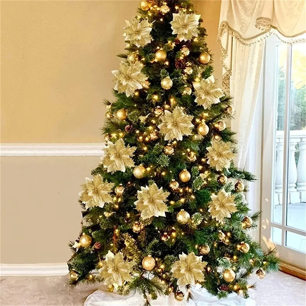 5/10 Glitter Christmas Flower Ornaments – 14.5cm Artificial Poinsettia Decorations in Pink, Red & Gold for Tree & Home (2025 Edition)