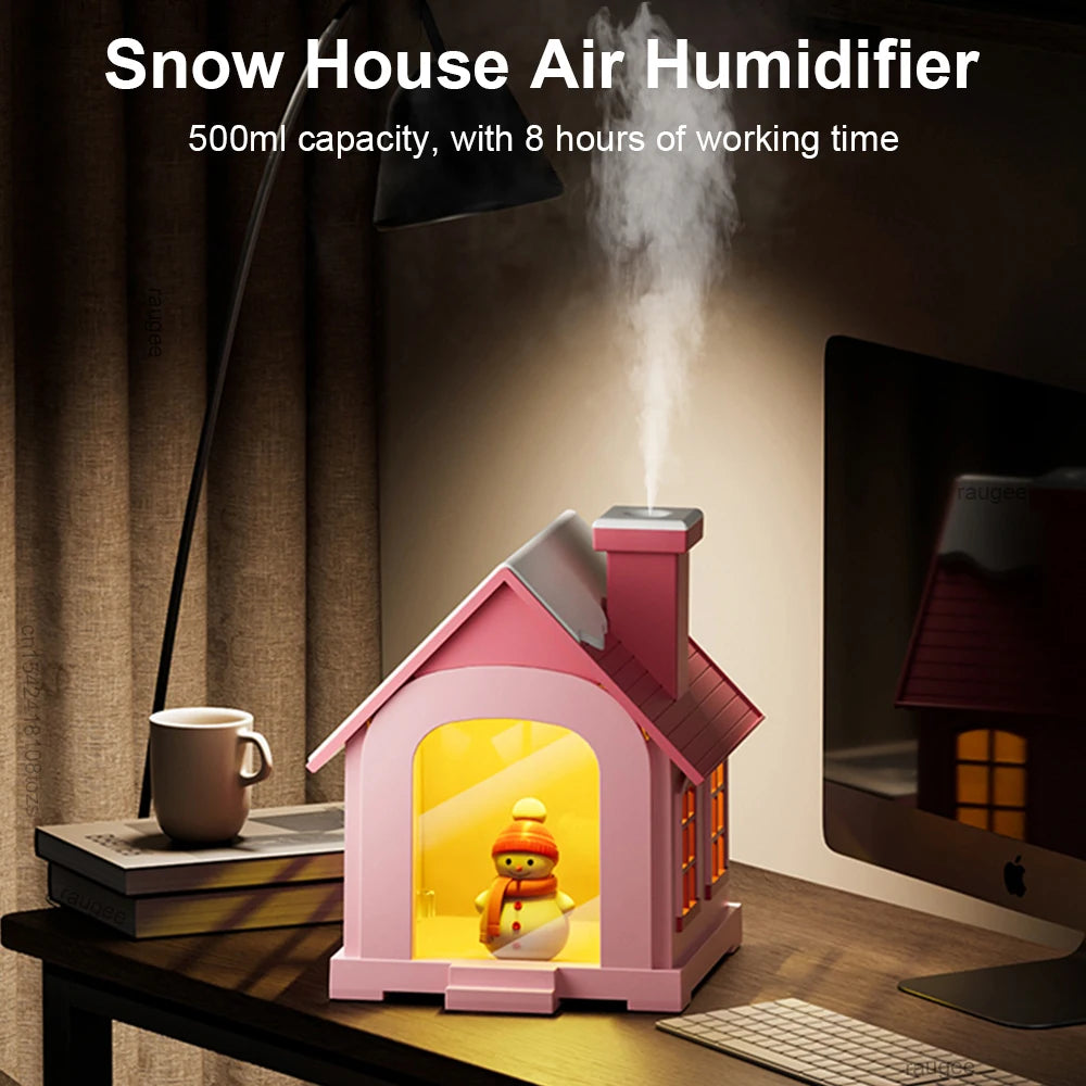 Micro Snow House Humidifier – 7-Colour LED Landscape Diffuser with Adjustable Mist Modes for Bedroom, Office & Car (2025 Edition)