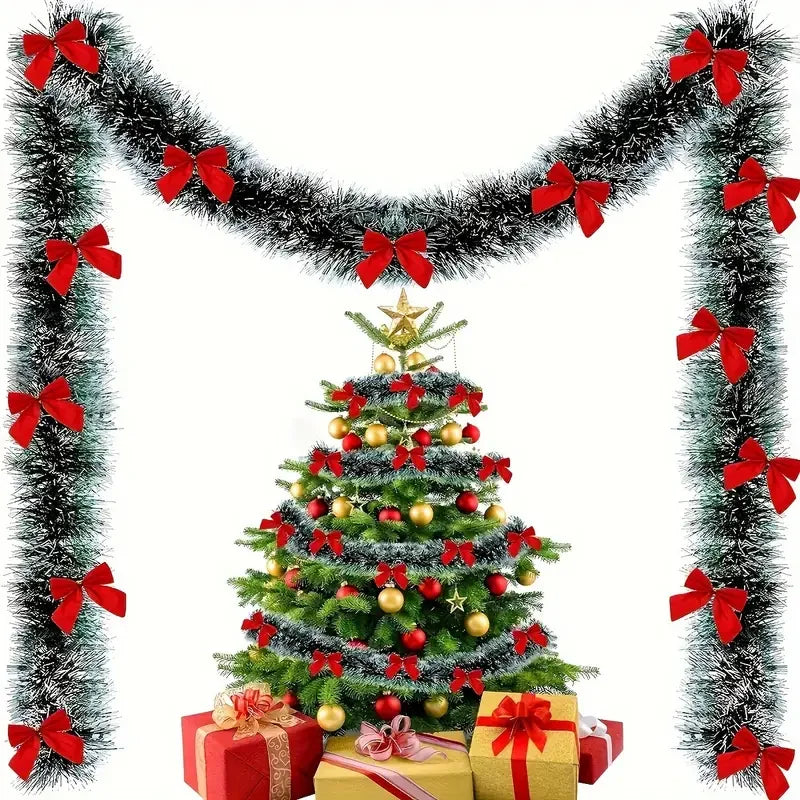 Christmas Bow & Tinsel Ribbon Garland – Green Cane Hanging Ornament for Tree, Wreaths, Parties & Holiday Décor (2025 Edition)