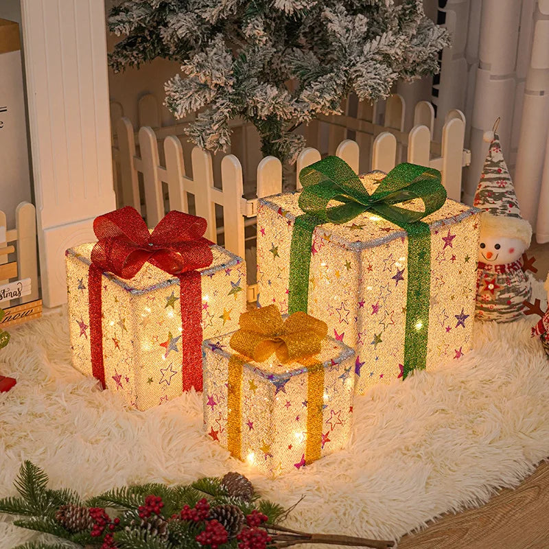 3-Piece Light-Up Christmas Gift Box Set – LED Bow Decorations with Remote Control for Tree, Party & Outdoor Display (2025 Edition)
