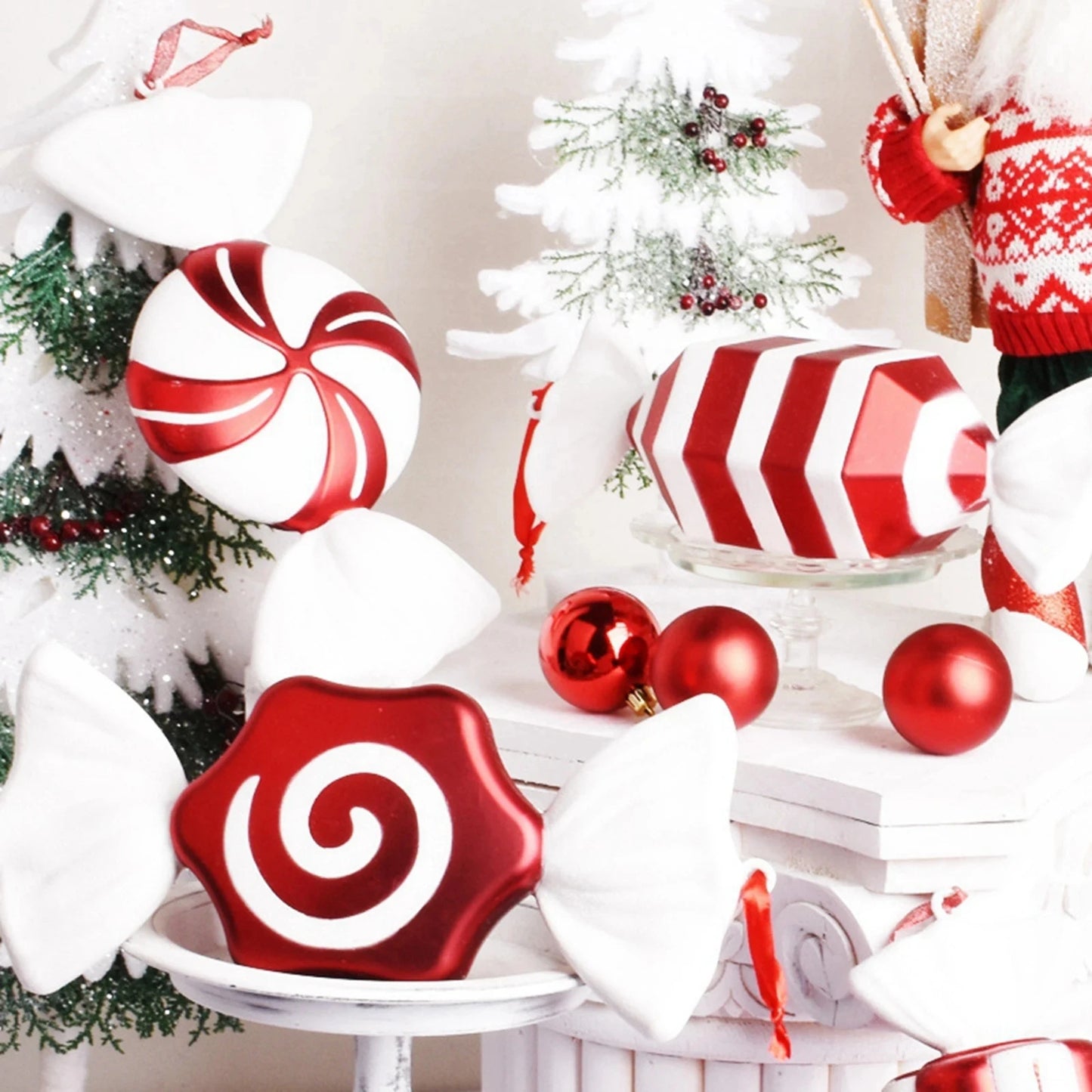 1 or 4-Piece Large Red Candy Cane Christmas Ball Ornaments – Hanging Tree Pendants for Holiday Décor & Gifting (2025 Edition)