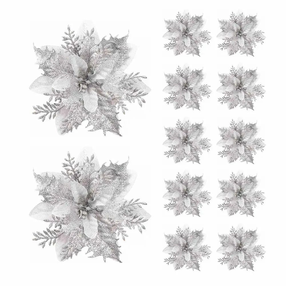 5/10 Glitter Christmas Flower Ornaments – 14.5cm Artificial Poinsettia Decorations in Pink, Red & Gold for Tree & Home (2025 Edition)