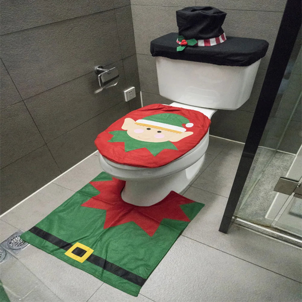 Santa Claus Christmas Toilet Seat Cover Set – Cute Bathroom Mat & Radiator Cap for Home Décor & Gifting
