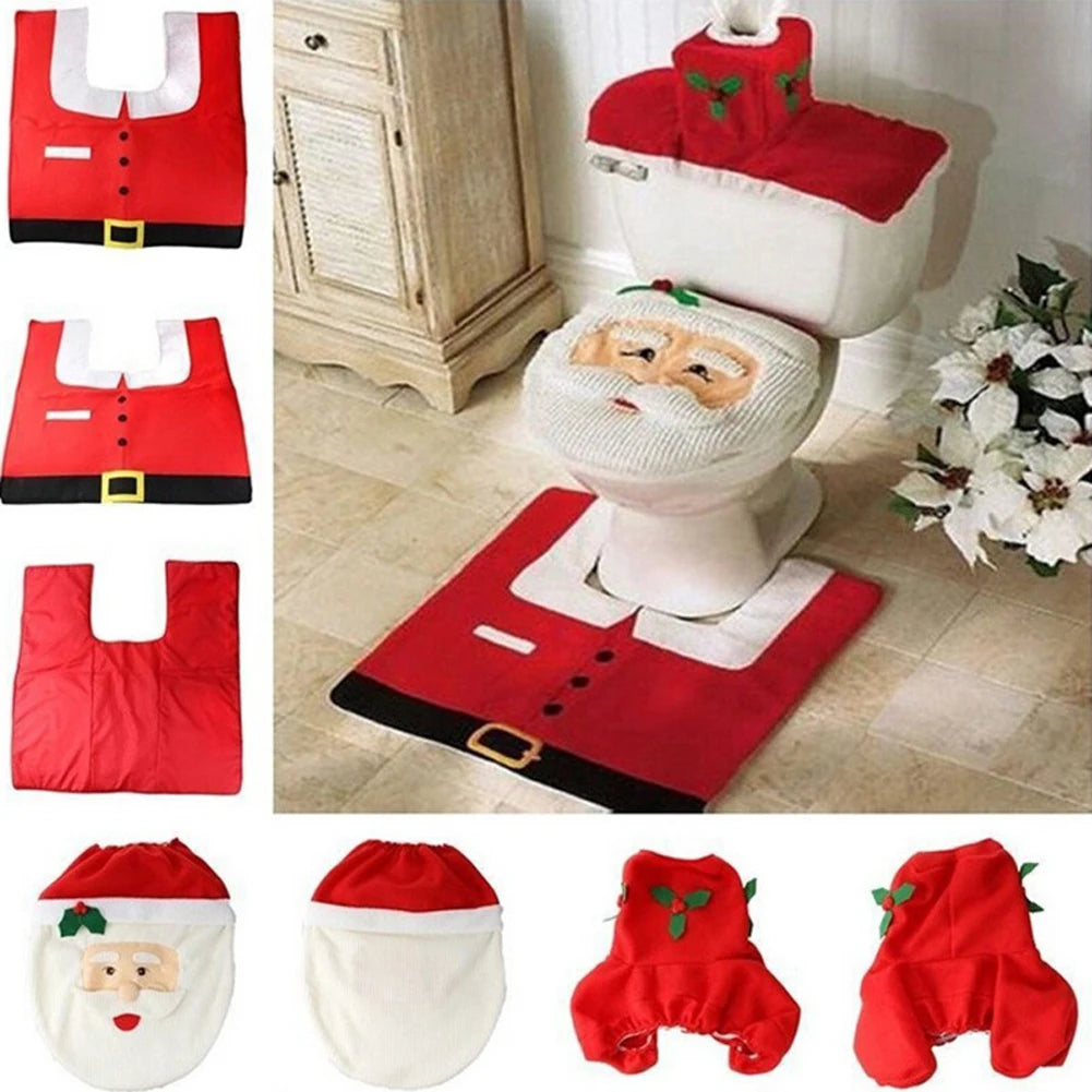 Santa Claus Christmas Toilet Seat Cover Set – Cute Bathroom Mat & Radiator Cap for Home Décor & Gifting