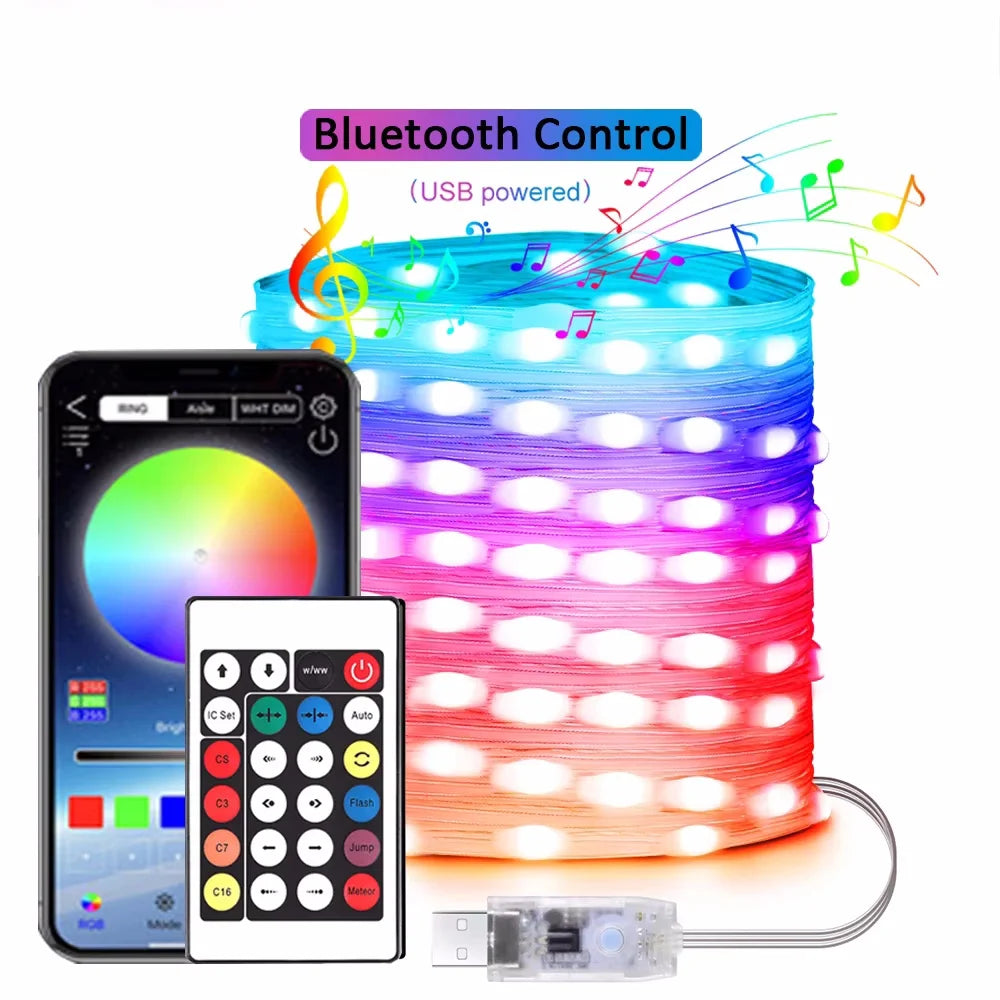 Dreamcolor Bluetooth LED Fairy Lights – RGBIC USB Garland for Christmas Tree, Wedding & Party Décor (2M–40M, IP65 Waterproof)