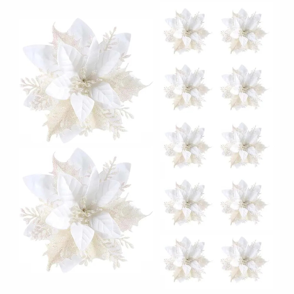 5/10 Glitter Christmas Flower Ornaments – 14.5cm Artificial Poinsettia Decorations in Pink, Red & Gold for Tree & Home (2025 Edition)