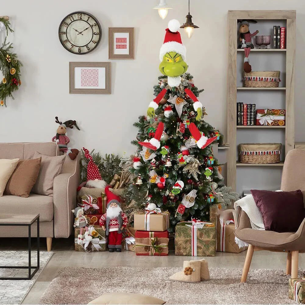 Tree Topper Set – Stuffed Grinch-Inspired Head, Arms & Legs Garland Ornaments for Christmas Tree Décor (2025 Edition)