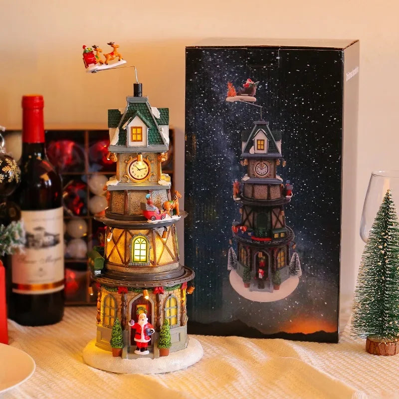 Christmas Tree Music Box Ornament – LED Light-Up Resin Figurine with Rotating Train, Santa & Deer (2025 Edition)