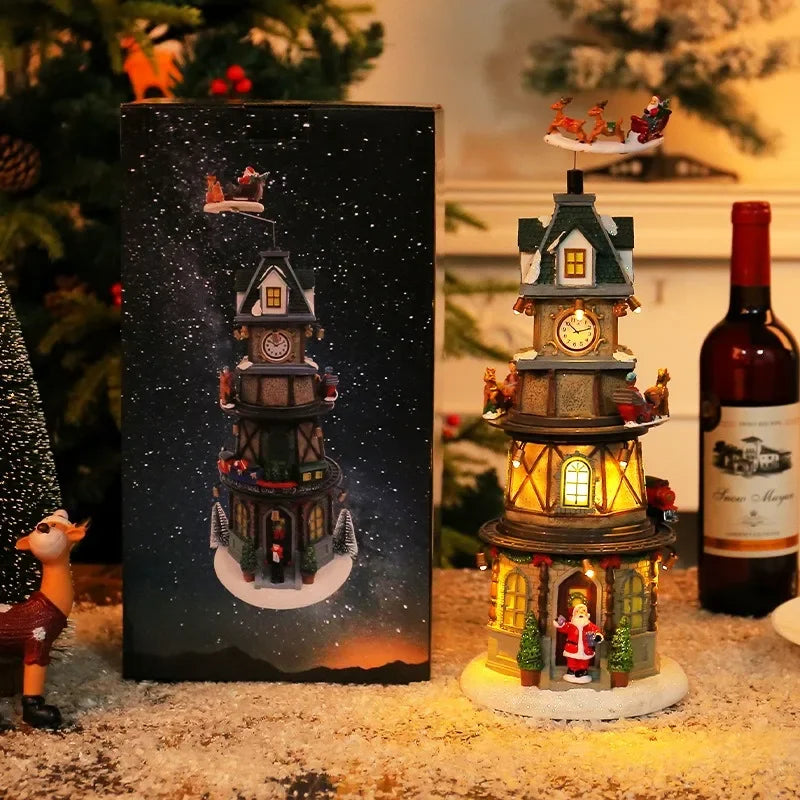 Christmas Tree Music Box Ornament – LED Light-Up Resin Figurine with Rotating Train, Santa & Deer (2025 Edition)