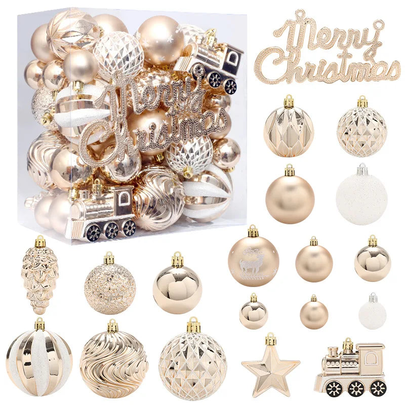 65-Piece Champagne Gold Christmas Ball Ornaments – Matte, Glossy & Textured Tree Decorations with Mixed Shapes & “Merry Christmas” Accents (2025 Edition)