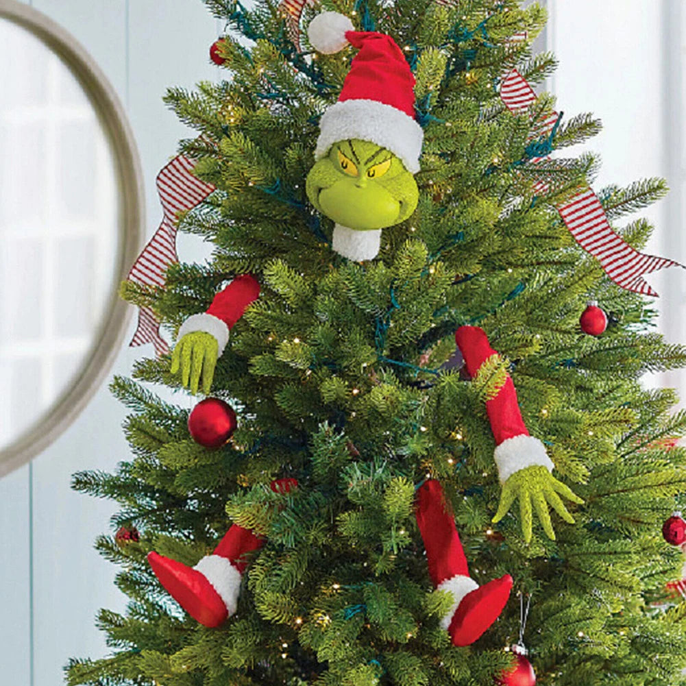 Tree Topper Set – Stuffed Grinch-Inspired Head, Arms & Legs Garland Ornaments for Christmas Tree Décor (2025 Edition)