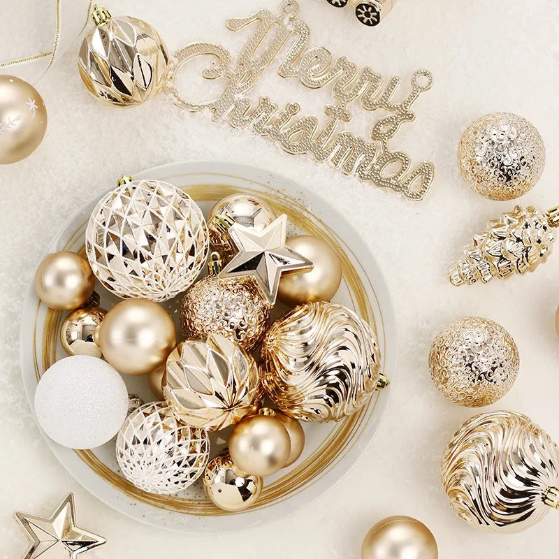 65-Piece Champagne Gold Christmas Ball Ornaments – Matte, Glossy & Textured Tree Decorations with Mixed Shapes & “Merry Christmas” Accents (2025 Edition)