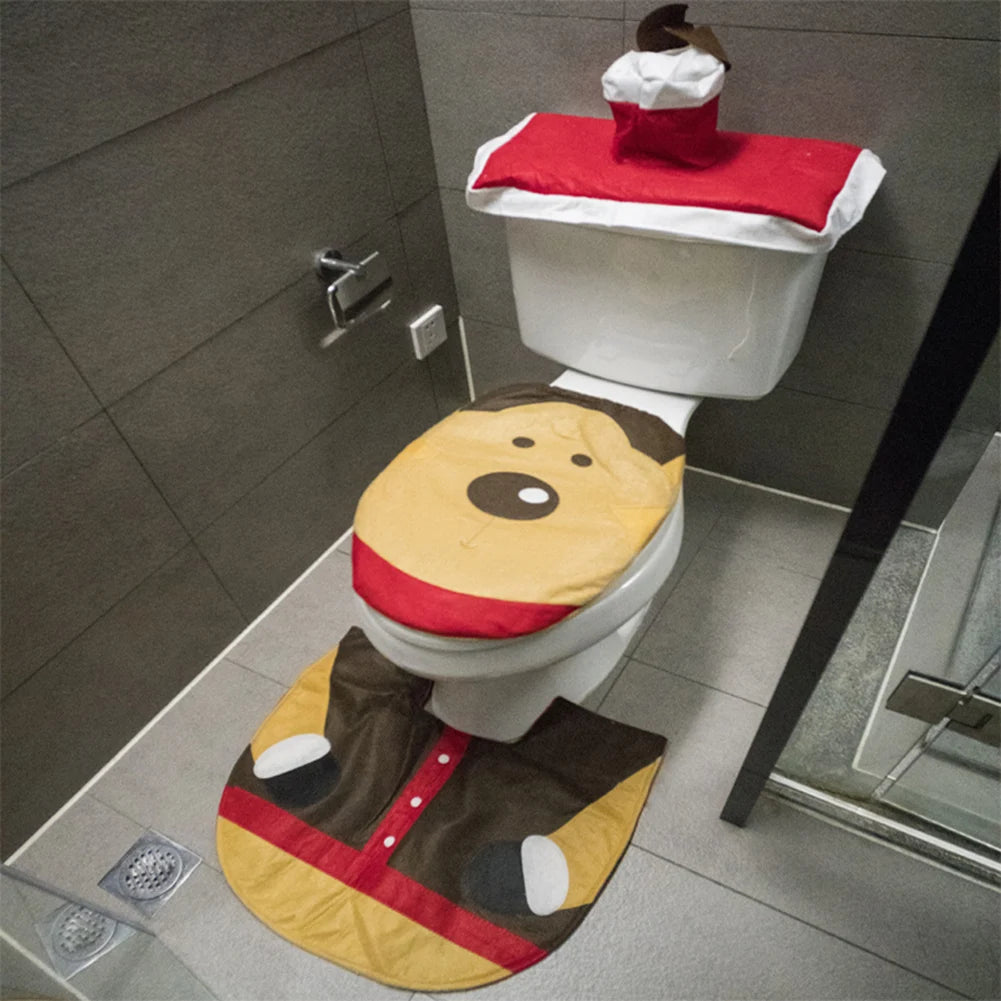 Santa Claus Christmas Toilet Seat Cover Set – Cute Bathroom Mat & Radiator Cap for Home Décor & Gifting