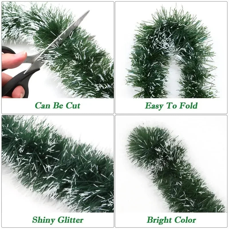 2–60M Green Christmas Tinsel Garland – Weather-Resistant Ribbon with Optional Pinecones, Berries & Lights for Indoor/Outdoor Holiday Décor (2025 Edition)
