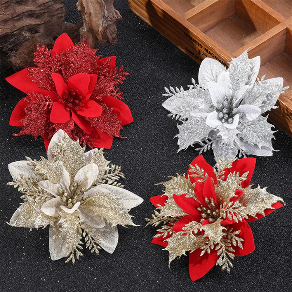 5/10 Glitter Christmas Flower Ornaments – 14.5cm Artificial Poinsettia Decorations in Pink, Red & Gold for Tree & Home (2025 Edition)