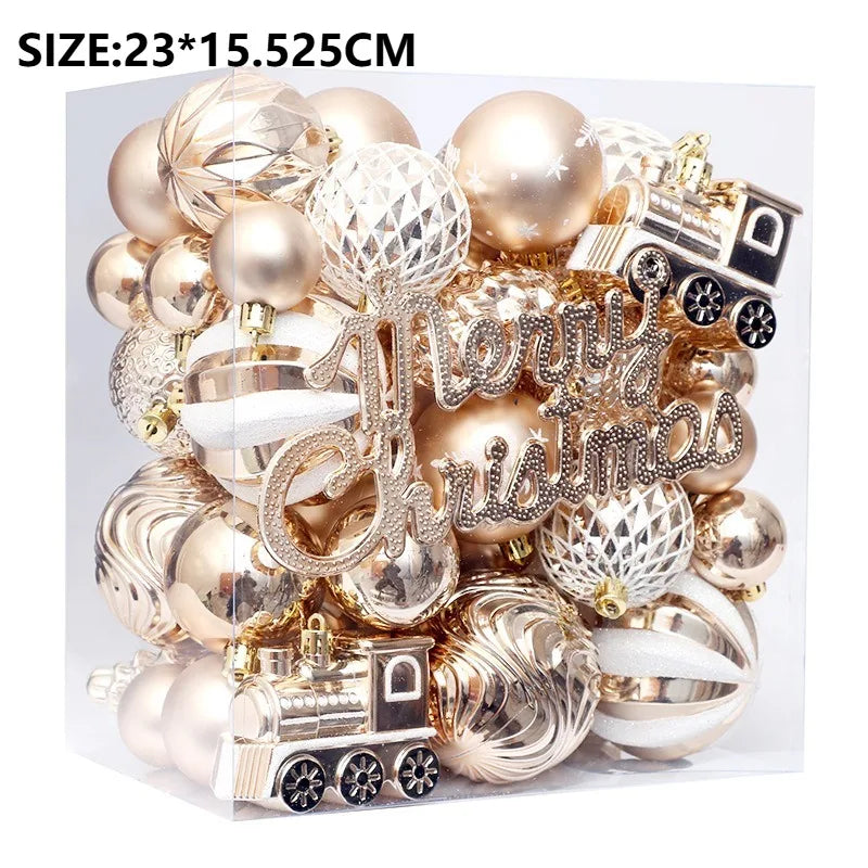 65-Piece Champagne Gold Christmas Ball Ornaments – Matte, Glossy & Textured Tree Decorations with Mixed Shapes & “Merry Christmas” Accents (2025 Edition)