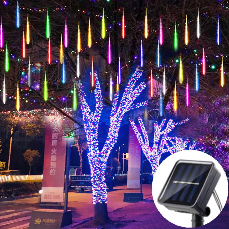 Solar Meteor Shower Light String – Waterproof LED Tubes in RGB & Warm Colours for Garden, Street & Holiday Décor (2025 Edition)