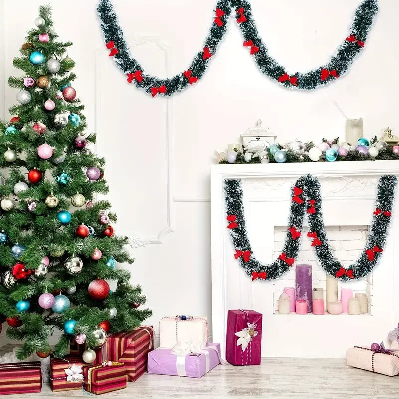 Christmas Bow & Tinsel Ribbon Garland – Green Cane Hanging Ornament for Tree, Wreaths, Parties & Holiday Décor (2025 Edition)
