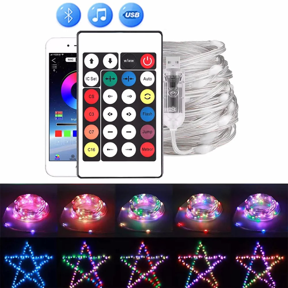 Dreamcolor Bluetooth LED Fairy Lights – RGBIC USB Garland for Christmas Tree, Wedding & Party Décor (2M–40M, IP65 Waterproof)