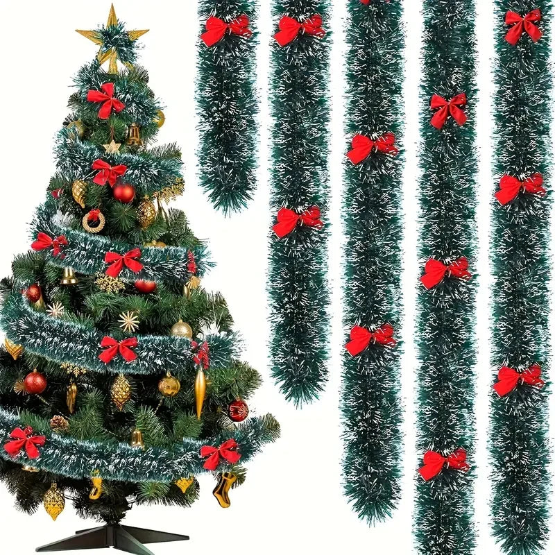 Christmas Bow & Tinsel Ribbon Garland – Green Cane Hanging Ornament for Tree, Wreaths, Parties & Holiday Décor (2025 Edition)