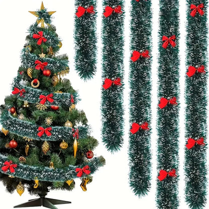 Christmas Bow & Tinsel Ribbon Garland – Green Cane Hanging Ornament for Tree, Wreaths, Parties & Holiday Décor (2025 Edition)
