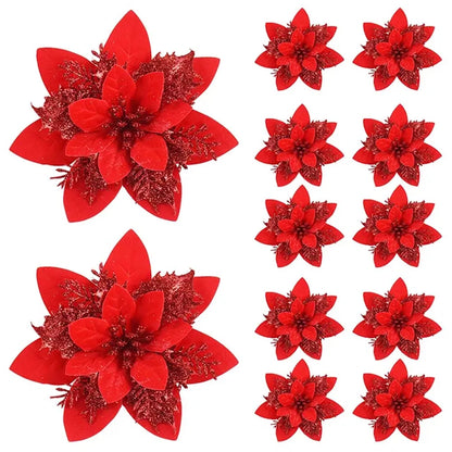 5/10 Glitter Christmas Flower Ornaments – 14.5cm Artificial Poinsettia Decorations in Pink, Red & Gold for Tree & Home (2025 Edition)