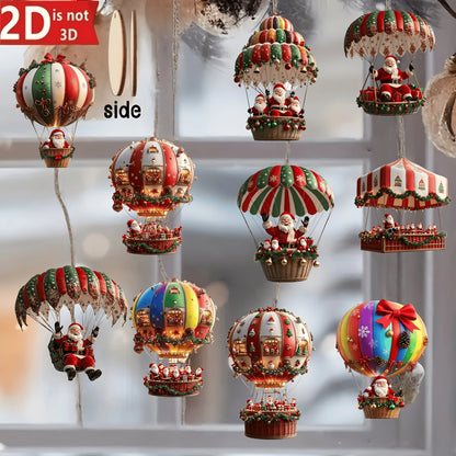 10 Wooden Hot Air Balloon Santa Ornaments – Flat Christmas Tree Pendants for Festive Home Décor & Gifting (2025 Edition)
