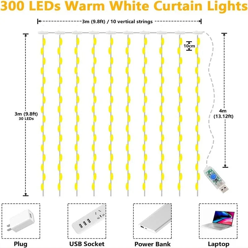 3M LED Curtain String Lights – USB-Powered Fairy Garland with 8 Modes (2025 Edition)