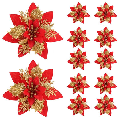 5/10 Glitter Christmas Flower Ornaments – 14.5cm Artificial Poinsettia Decorations in Pink, Red & Gold for Tree & Home (2025 Edition)