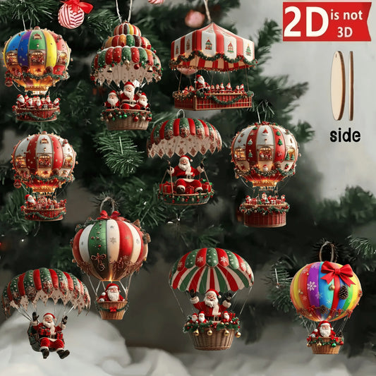 10 Wooden Hot Air Balloon Santa Ornaments – Flat Christmas Tree Pendants for Festive Home Décor & Gifting (2025 Edition)