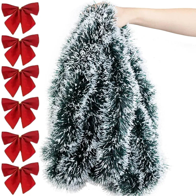 Christmas Bow & Tinsel Ribbon Garland – Green Cane Hanging Ornament for Tree, Wreaths, Parties & Holiday Décor (2025 Edition)