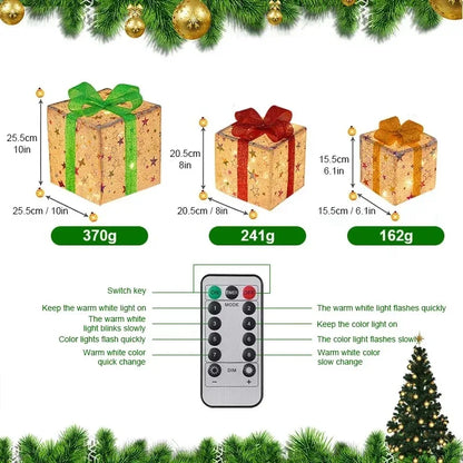 3-Piece Light-Up Christmas Gift Box Set – LED Bow Decorations with Remote Control for Tree, Party & Outdoor Display (2025 Edition)