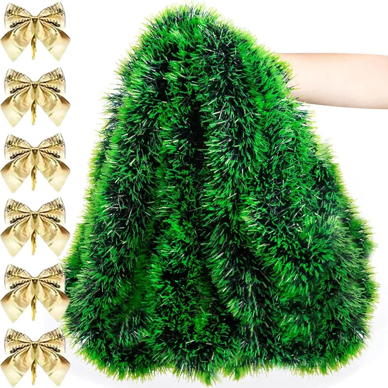 Christmas Bow & Tinsel Ribbon Garland – Green Cane Hanging Ornament for Tree, Wreaths, Parties & Holiday Décor (2025 Edition)