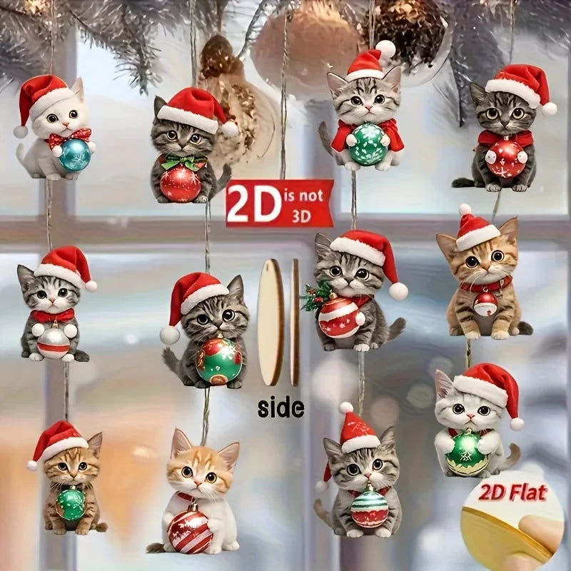 Christmas Cat Tree Ornaments – 12pcs Wooden 2D Decorations for Holiday Home & Festive Party Décor