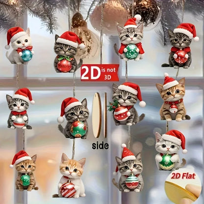 Christmas Cat Tree Ornaments – 12pcs Wooden 2D Decorations for Holiday Home & Festive Party Décor