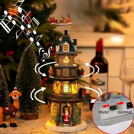 Christmas Tree Music Box Ornament – LED Light-Up Resin Figurine with Rotating Train, Santa & Deer (2025 Edition)